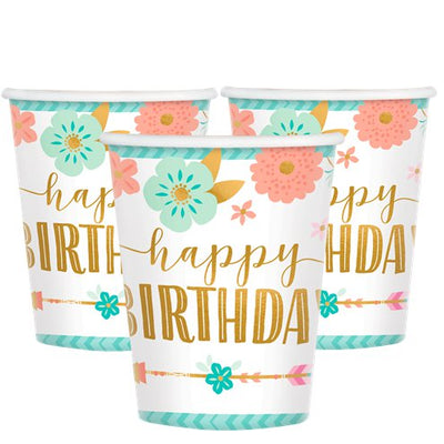 Floral Happy Birthday Paper Cups